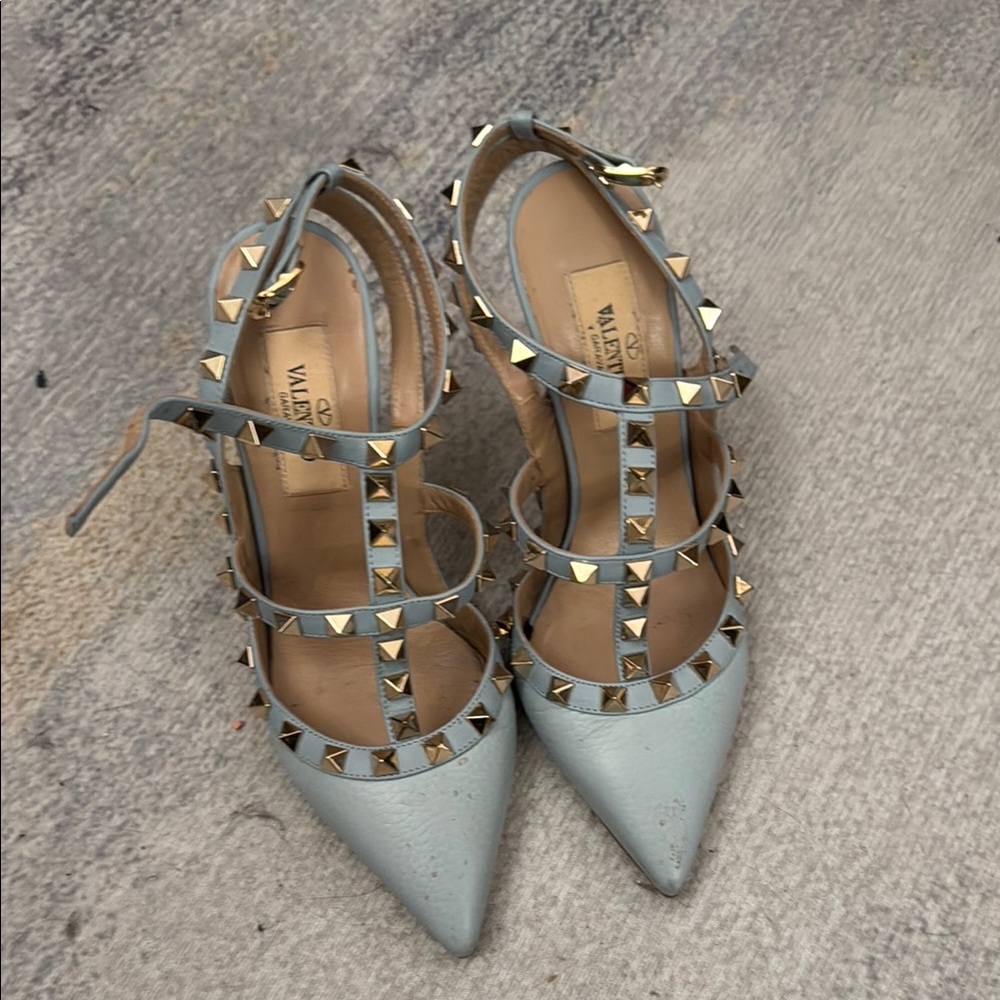 Valentino Blue Heels with Studded Cage Design